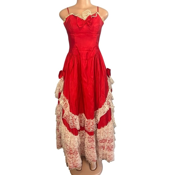 Vintage Alfred Angelo Flirtations Red Southern Belle Lace Tiered Prom Dress - Picture 2 of 14